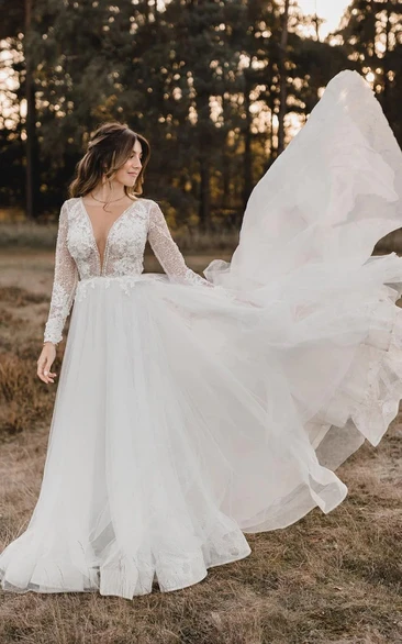 Plunged Illusion Long Sleeve A-line Lace Tulle Wedding Dress