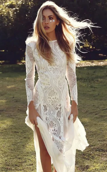 Lace Long Sleeve Boho Keyhole Sheath Wedding Dress with Watteau Train