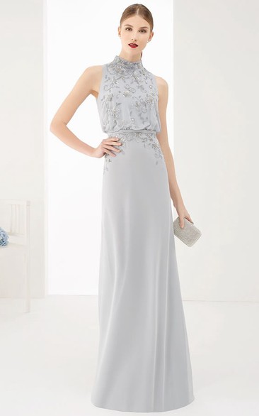 High Neck Sleeveless Jersey Dress With Beading And back bow