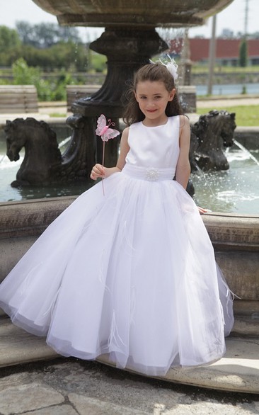 Princess Pearl Waist Tulle Taffeta-Top Flower Girl Dress