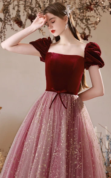 Adorable Square Neck A Line Off the Shoulder Empire Tulle Dress with Corset and Ribbon