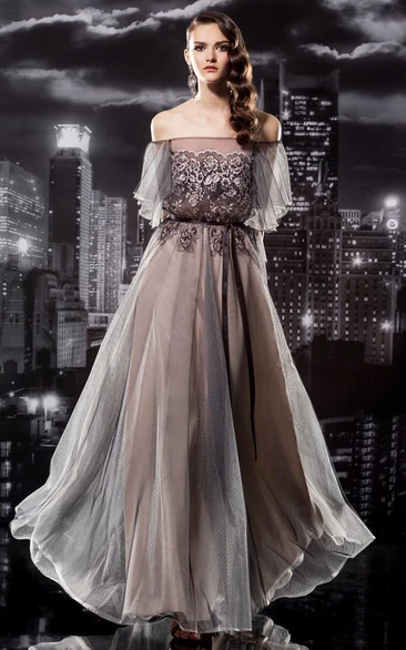 flowy Off-the-shoulder Tulle Pleated Dress With Appliques