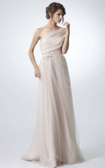 One-shoulder Tulle Side-Ruched Dress With Embellished Waist