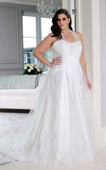 Haltered A-line Tulle Lace plus size wedding dress With Corset Back 