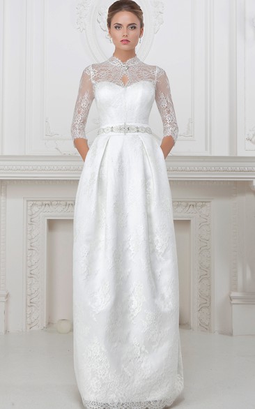 High Neck Lace Half Sleeve Wedding Dress With Corset Back And jeweled waist