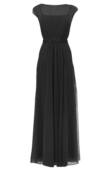 Illusion Bodice Bow Chiffon Cap-Sleeved Gown