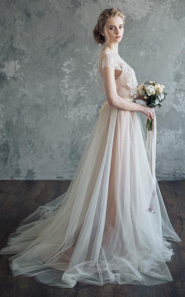 Tulle Cap-sleeve Spaghetti-strap Dress With Appliques And Sweep Train