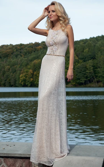 Lace Scoop-neck Sleeveless Sheath Dress With Beadings And Appliques