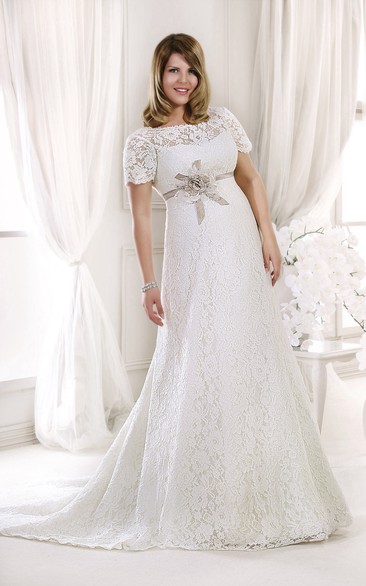 Bateau Short Sleeve Lace plus size wedding dress With Flower And Appliques