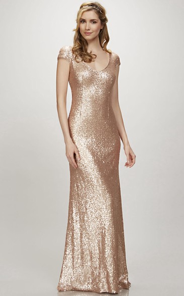 Sequined Cap-sleeve Sheath Dress With Pleats And Zipper