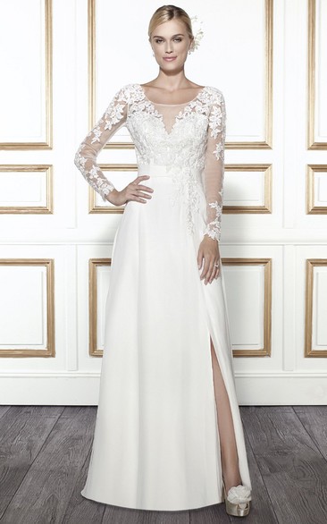 Scoop-neck Long Sleeve Illusion Front-split Wedding Dress With Appliques