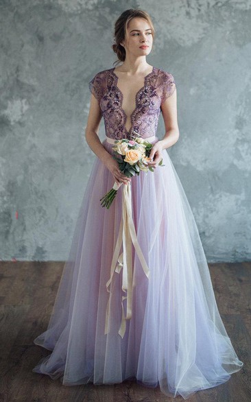 Tulle Short Sleeve Plunged A-line Lace Dress With bow And Low-V Back