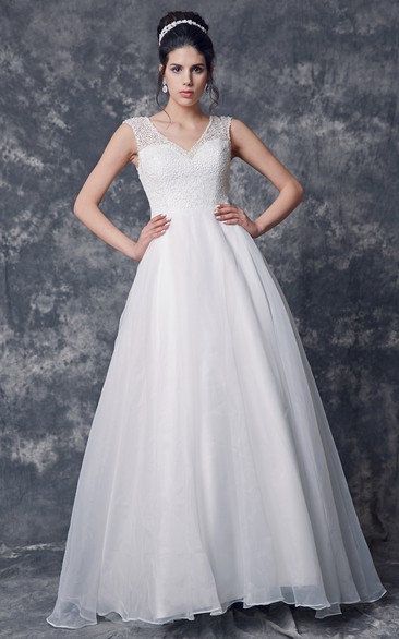 V-Neckline Lace Top Princess Jeweled Cap-Sleeved Organza Ball Gown