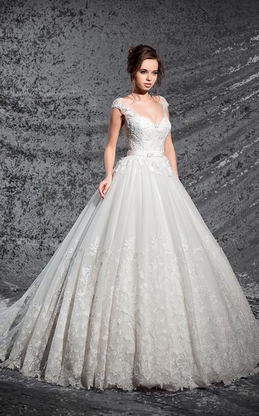 Ball Gown Floor-Length V-Neck Cap-Sleeve Corset-Back Lace Dress With Appliques And Pleats