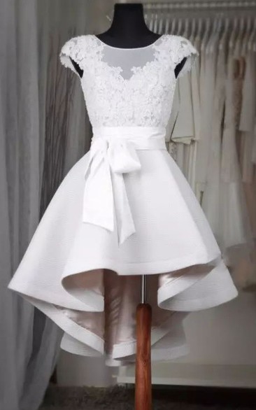 A-line Short Sleeve High-low Square Satin Wedding Dress with Zipper Back