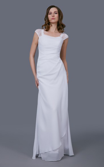 Wedding Lace Cap Sleeves Side-Draped Elegant Gown