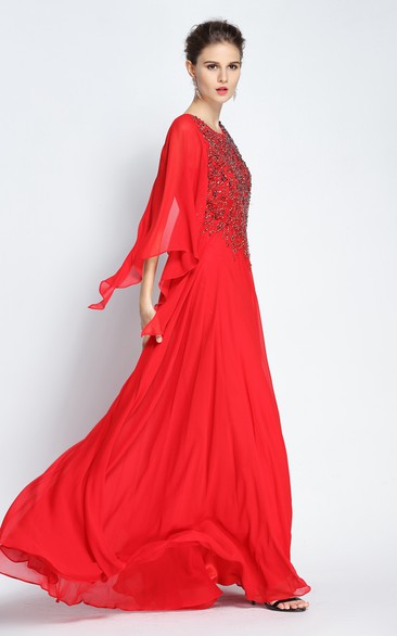 Floor-length A-Line Jewel Long Sleeve Chiffon Prom Dress with Beading and Pleats