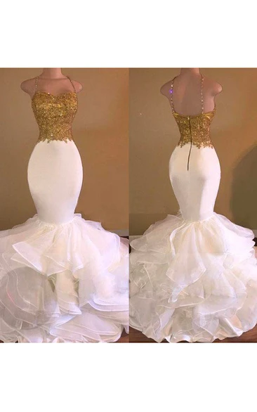 Spaghetti Satin Organza Sequins Sleeveless Floor-length Beading Pleats Ruffles Dress