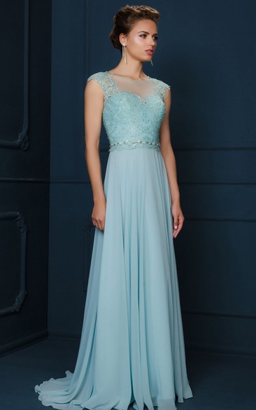 Bateau Cap-sleeve Chiffon Pleated Dress With Lace Appliques And Beading 