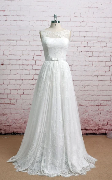 Lace Sleeveless Pleated Bateau-Neckline Exquisite Dress