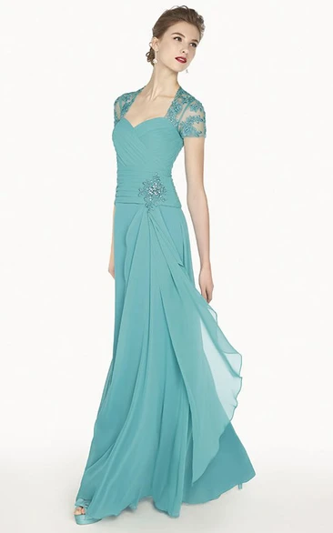 Cap-sleeve Sweetheart Criss-cross Dress With Appliques And Illusion