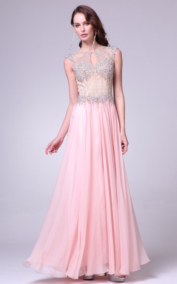 A-Line Pleated Beaded Jewel-Neck Sleeveless Keyhole Chiffon Dress