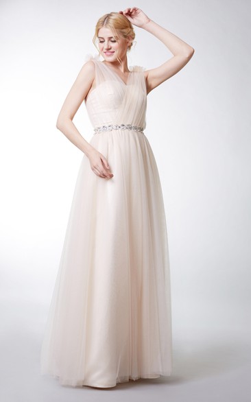 V-neck Sleeveless Tulle Floor-length Dress With Flower And Jeweled Waist