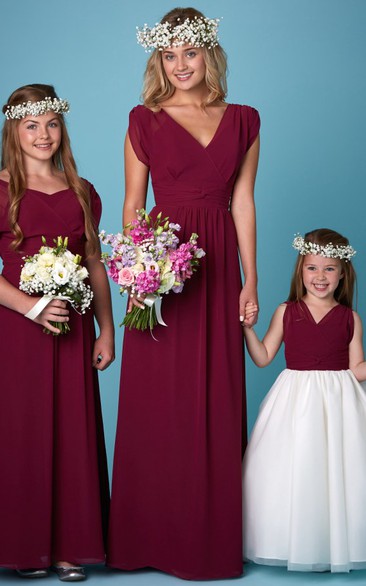 A Line V-neck Cap-Sleeved Floor-length Chiffon Bridesmaid Dress with Criss Cross and Ruching