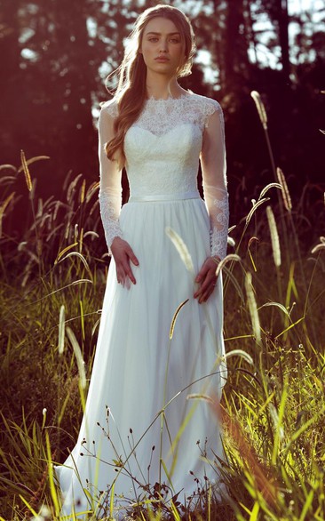 Jewel Neckline Illusion Long Sleeve Wedding Dress With Appliques 
