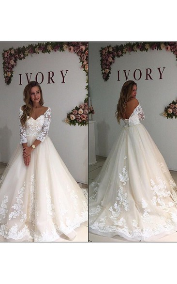 Off-the-shoulder Lace Tulle Illusion 3/4 Length Sleeve Wedding Gown