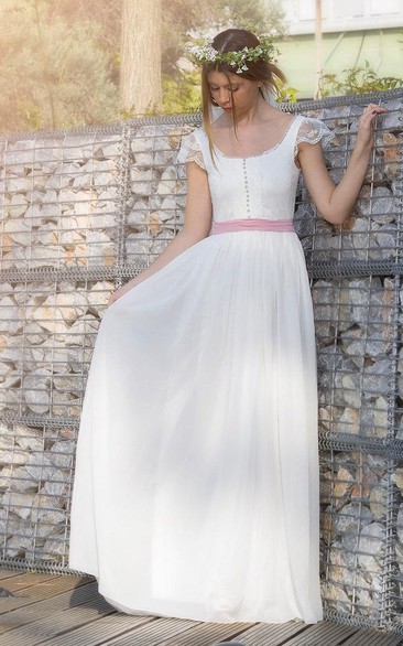 Cap-sleeve square-neck Chiffon long Wedding Dress With bow And Low-V Back