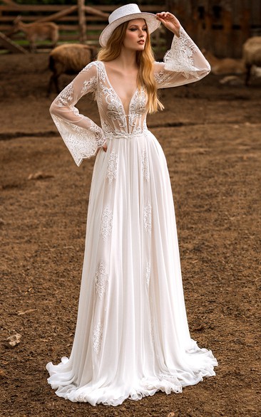 Modern A Line Plunging Neckline Floor-length Long Sleeve Tulle Wedding Dress with Appliques