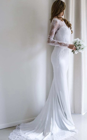Bateau Lace Long Sleeve Sheath Chiffon Wedding Dress With Sweep Train