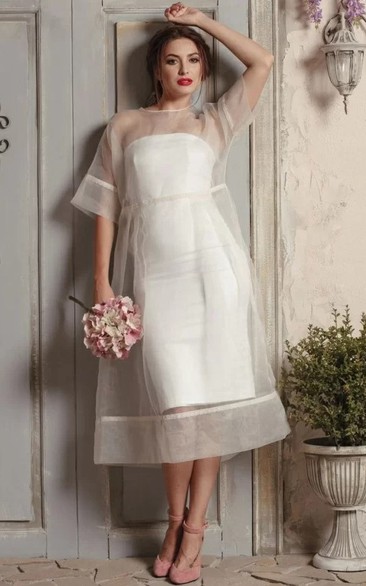 Modern A Line Jewel Tea-length Half Sleeve Organza Wedding Dress with Button