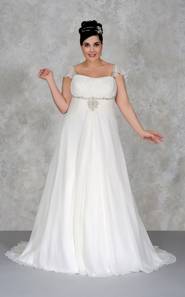 Cap-sleeve A-line Empire long plus size wedding dress With Beading And Court Train