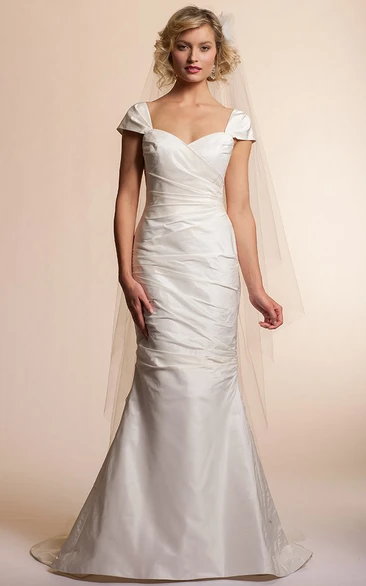 Mermaid/Trumpet Square Cap Floor-length Satin Wedding Dress with Low-V Back and Bow