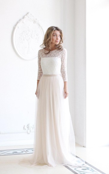 Tulle Lace Top Long-Sleeve Scoop-Neckline Wedding Gown