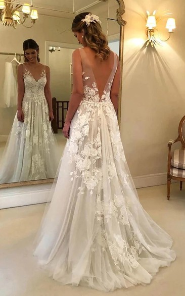 Sleeveless Plunged Sexy A-line Tulle Empire Lace Wedding Dress