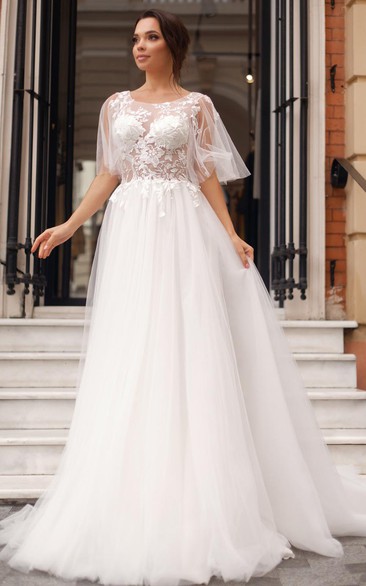 Romantic A Line Bateau Tulle and Lace Sweep Train Wedding Dress with Appliques
