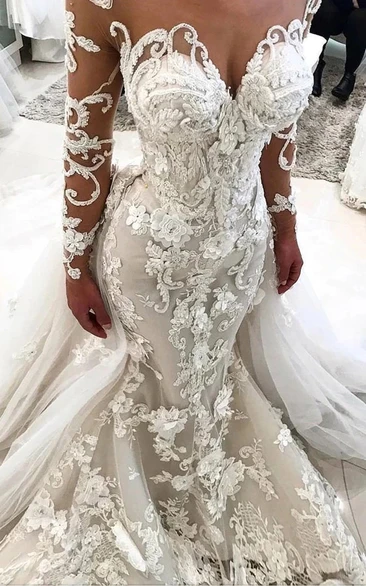 Long Sleeve Sweetheart Luxury Mermaid Sheath Lace Applique Court Train Wedding Dress