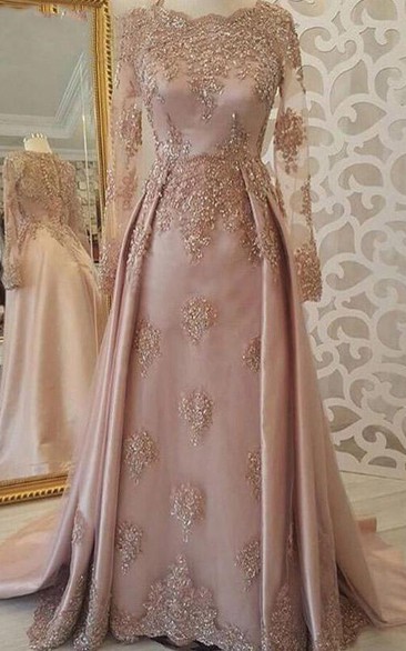 A Line Modest Satin Prom Dress with Appliques and Train