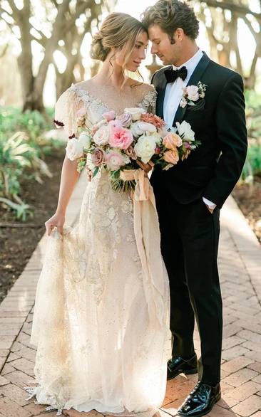 Elegant Champagne Deep-v Back Poet-sleeve Lace Wedding Dress with Beadings