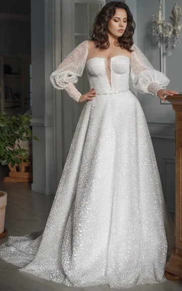 Plus Size Sweetheart Beaded Plus Size A-line Puff-sleeve Wedding Dress