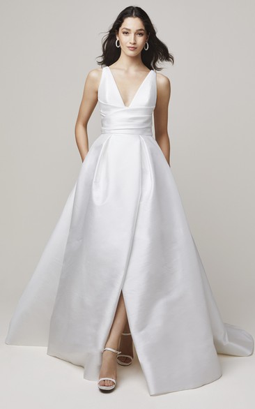 A Line Ethereal Satin V-neck Wedding Gown with Split Front