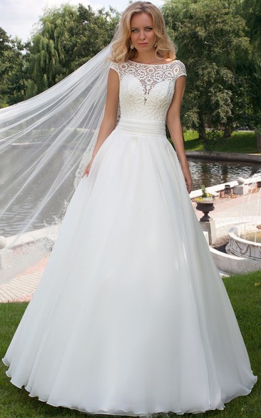 Cap-sleeve Bateau A-line Wedding Dress With Lace top