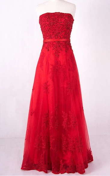 Strapless A-line Tulle Appliqued Dress With Beaded top And Corset Back
