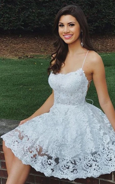 Spaghetti Sweetheart Lace Sleeveless Short A Line Cross Back Homecoming Dress with Petals
