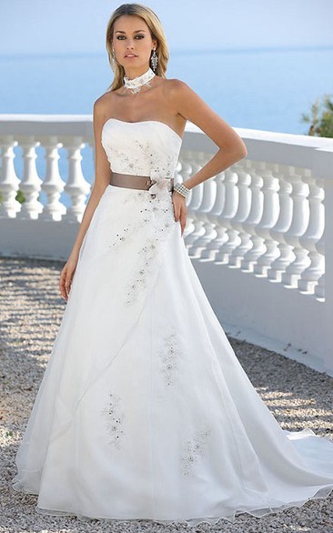 Strapless A-line Wedding Dress With Side Draping And Flower