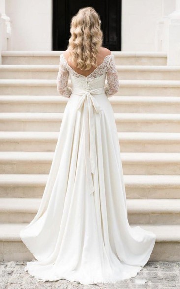 Bateau Chiffon Lace Illusion 3/4 Length Sleeve Wedding Gown