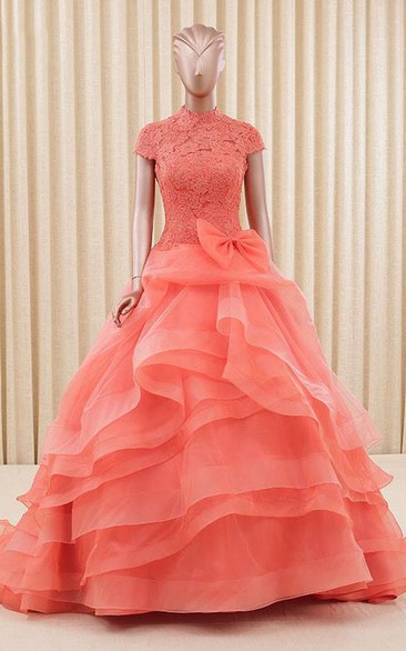 A-Line Organza Lace High-Neck Bell Bow Cap Sweep-Train Ball Gown